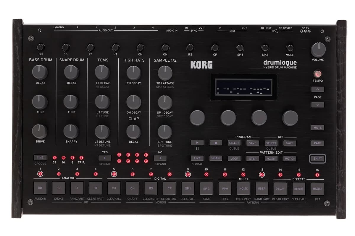 Top view of a Korg drumlogue. Knob columns for bass drum, snare, toms, hi-hats and two sample parts sit left of a small display, and the sixteen step keys below are grouped under the printed labels Analog, Digital, Multi and Effects.