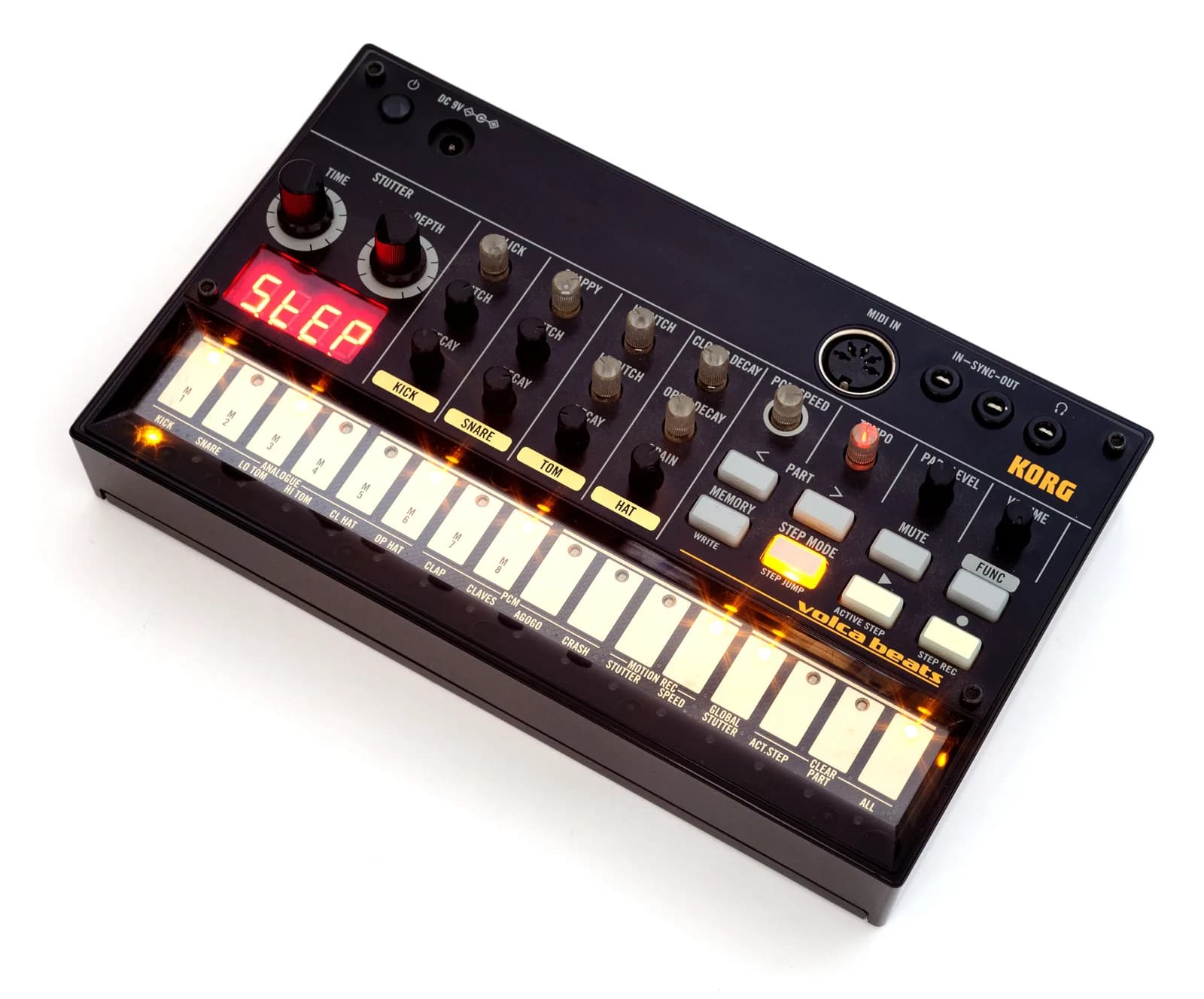 A Korg Volca Beats on a white background, lit from inside. The panel is split into kick, snare, tom and hat sections with pitch and decay knobs, and a row of sixteen touch keys runs along the front.
