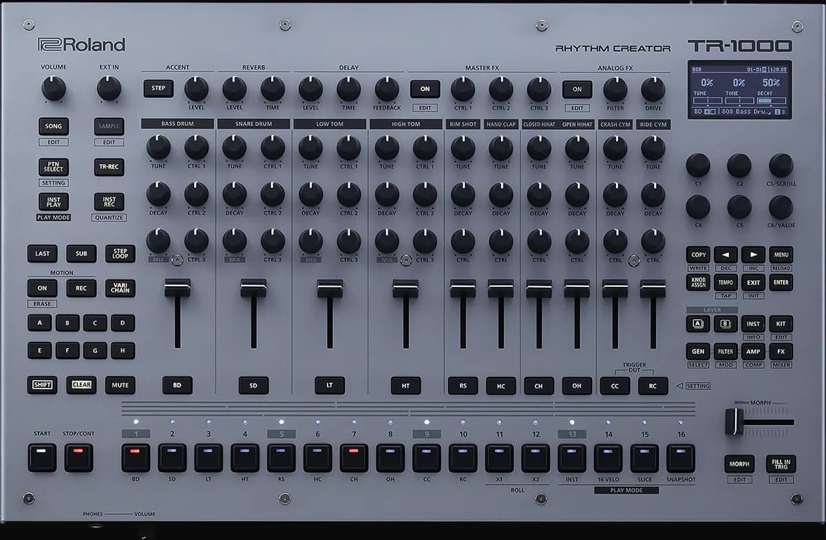 Top view of a Roland TR-1000 Rhythm Creator in grey, with per-instrument tune, decay and control knobs and a fader for each of ten instruments from bass drum to ride cymbal, above sixteen step buttons.