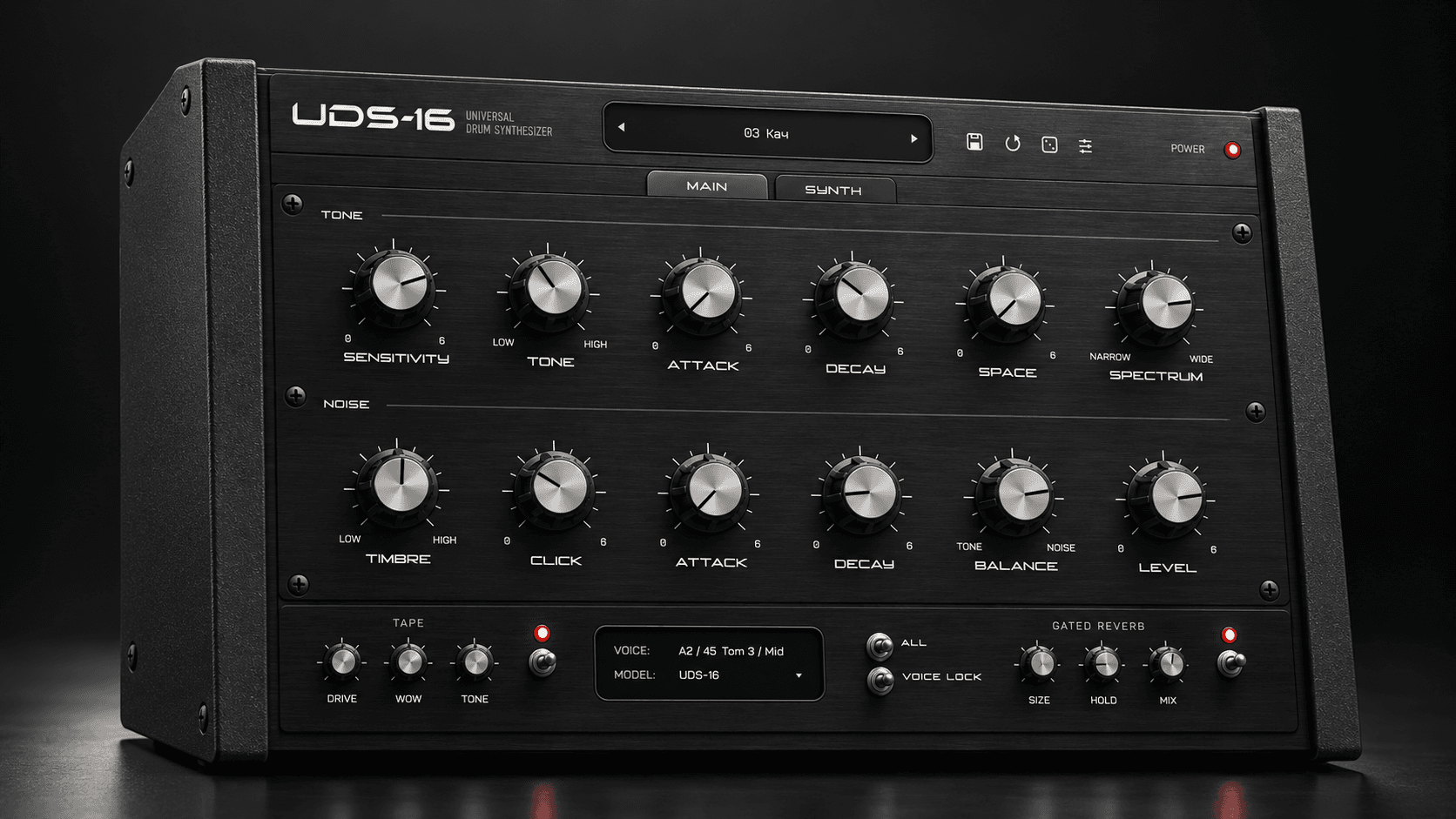 UDS-16 interface with its preset browser and individual drum controls