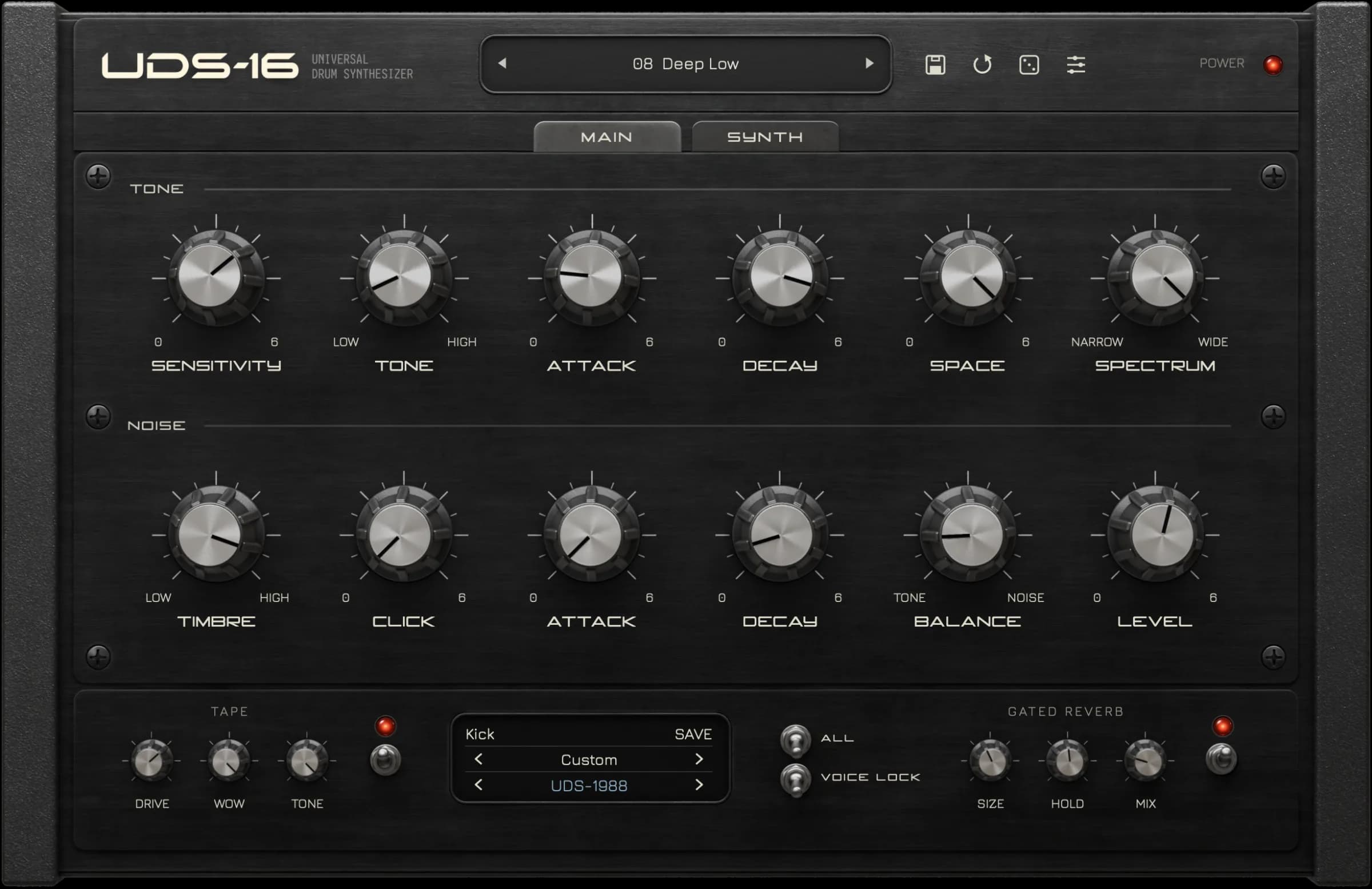 Tapechild UDS-16 drum synthesizer: main panel with tone, noise, tape and gated reverb controls