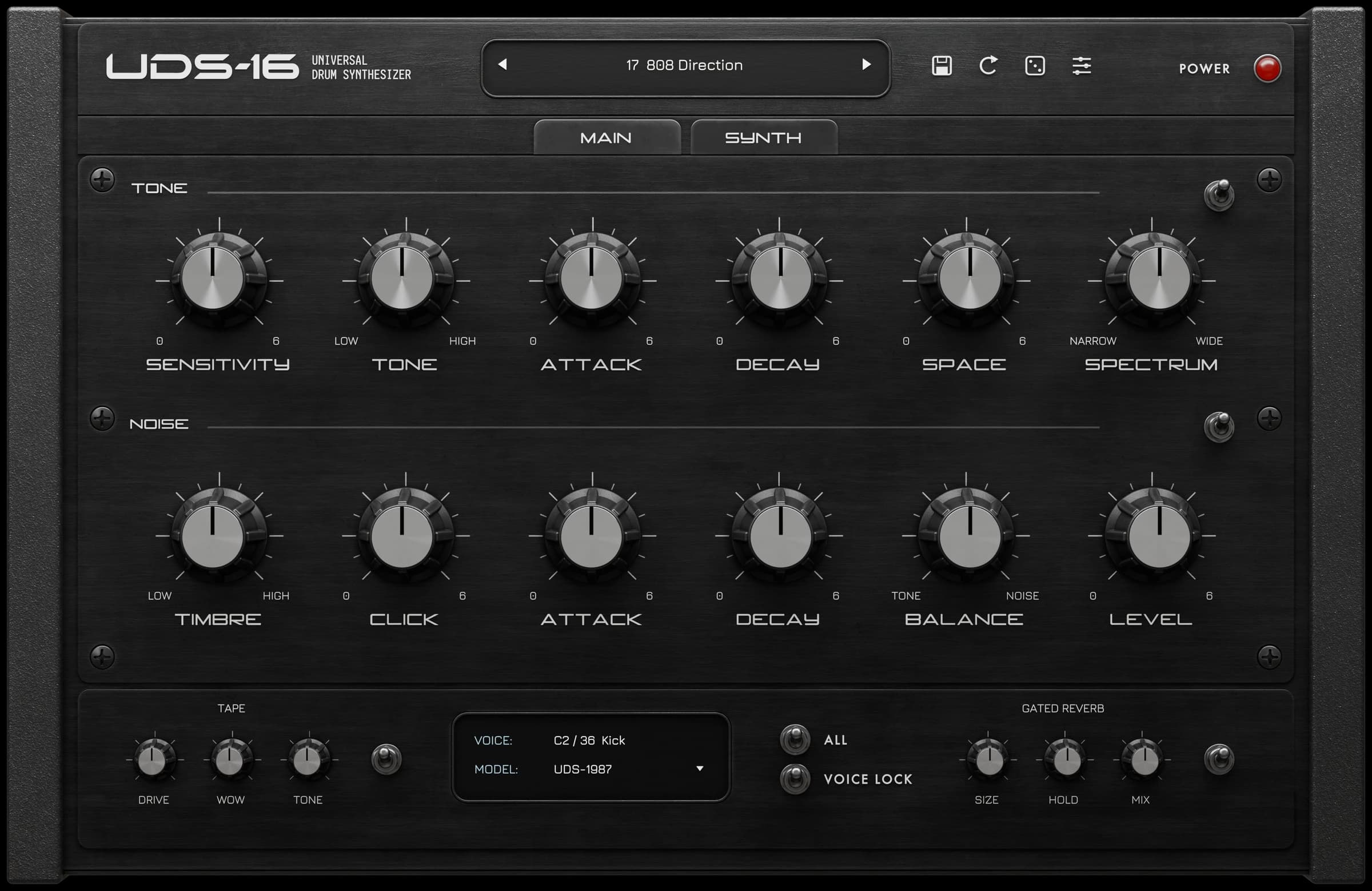 Tapechild UDS-16 drum synthesizer: main panel with tone, noise, tape and gated reverb controls