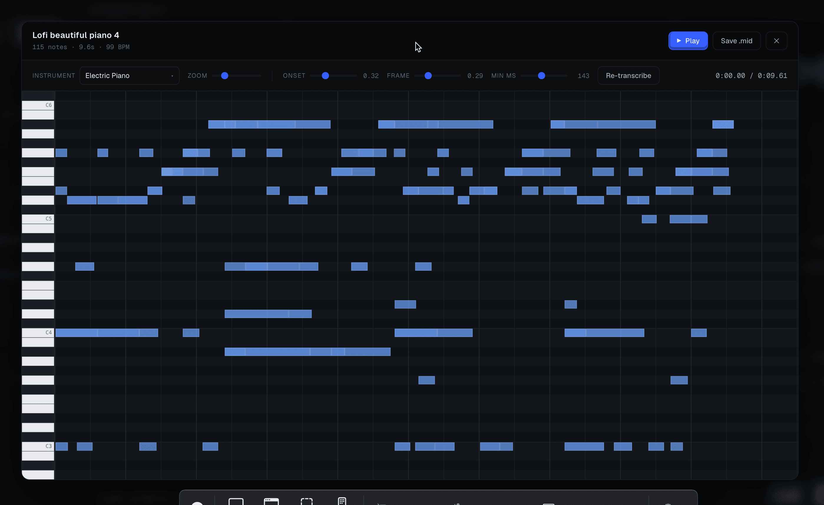 Tapechild audio to MIDI piano roll