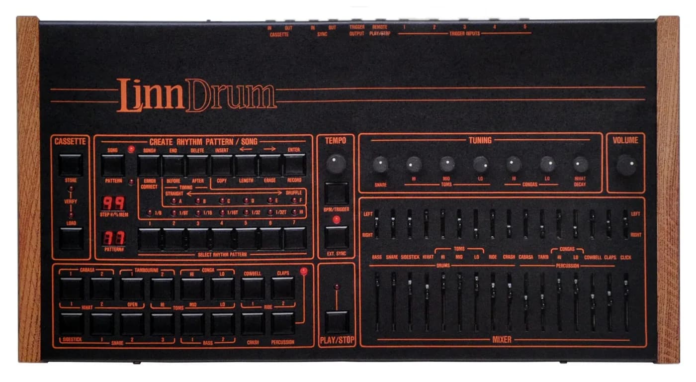 Front panel of a LinnDrum, with a bank of pattern buttons on the left, tuning knobs for snare, toms, congas and hi-hat, and a mixer section of faders on the right.