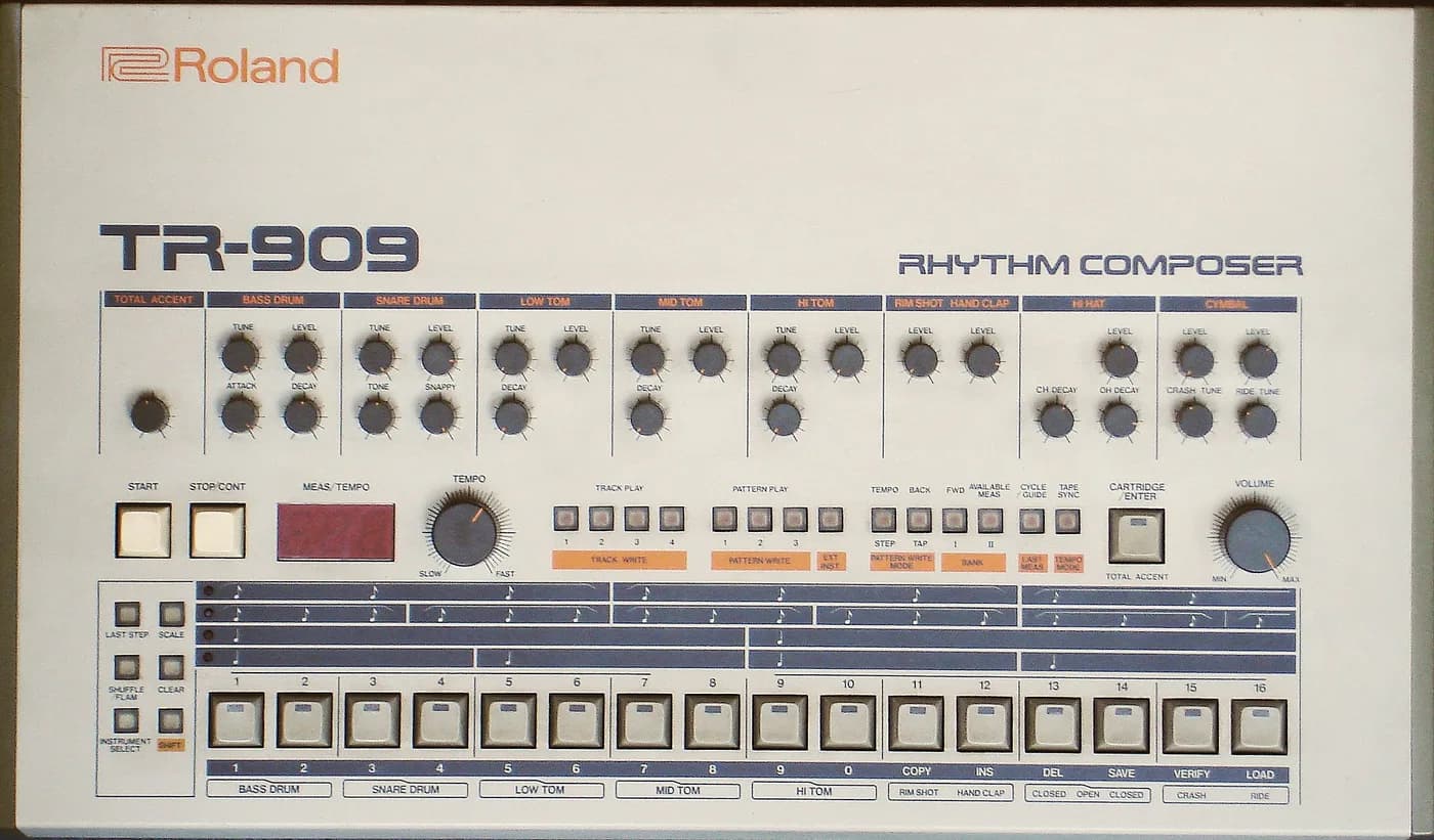 Front panel of a Roland TR-909 Rhythm Composer. The bass drum and snare sections have tune, attack, decay and snappy controls, while the hi-hat and cymbal sections have only level, decay and tune.