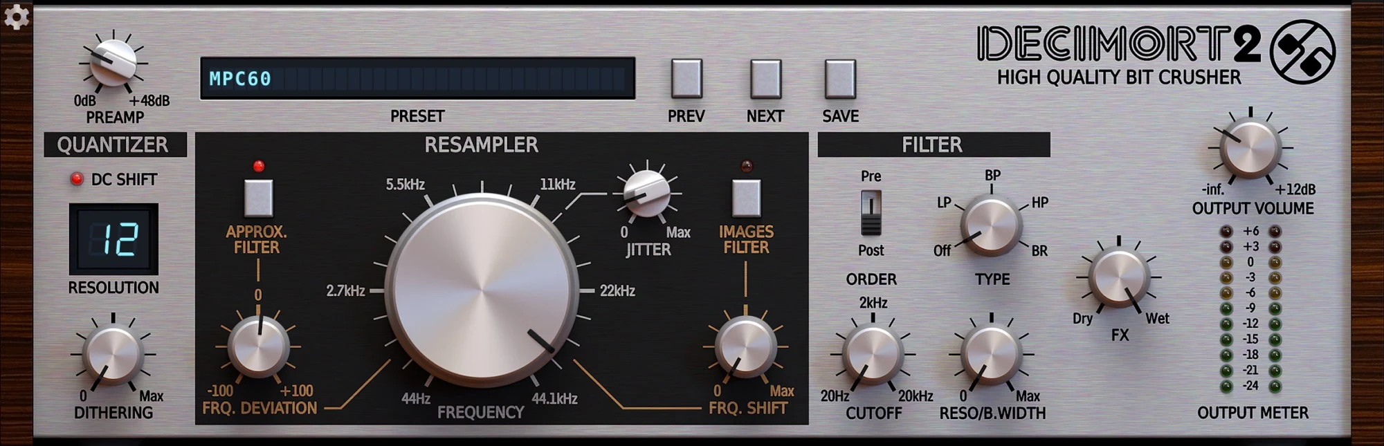 Decimort 2 hardware-style silver panel with the preset MPC60 loaded: a Quantizer section with a 12 resolution display, DC Shift and Dithering; a black Resampler section with a large frequency knob from 44 Hz to 44.1 kHz, Approx. Filter and Images Filter switches, Jitter, frequency deviation and frequency shift; a Filter section with pre/post switch, type, cutoff and resonance; and dry/wet, output volume and level meters.