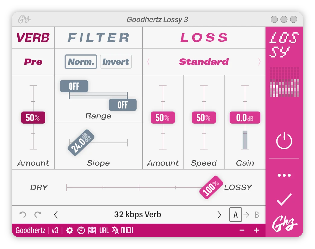 Goodhertz Lossy 3 window in white and magenta: Verb set to Pre with an amount slider, a Filter section with Norm. and Invert buttons, range and slope, a Loss section in Standard mode with amount, speed and gain sliders, a Dry to Lossy mix slider at 100%, and the preset 32 kbps Verb.