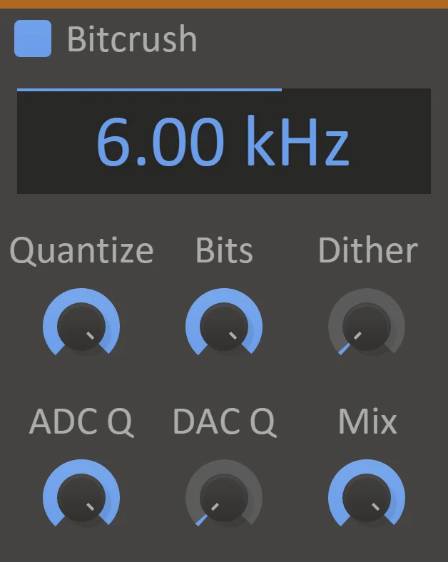 Kilohearts Bitcrush panel: a large display reading 6.00 kHz above six blue-ringed knobs labelled Quantize, Bits, Dither, ADC Q, DAC Q and Mix.