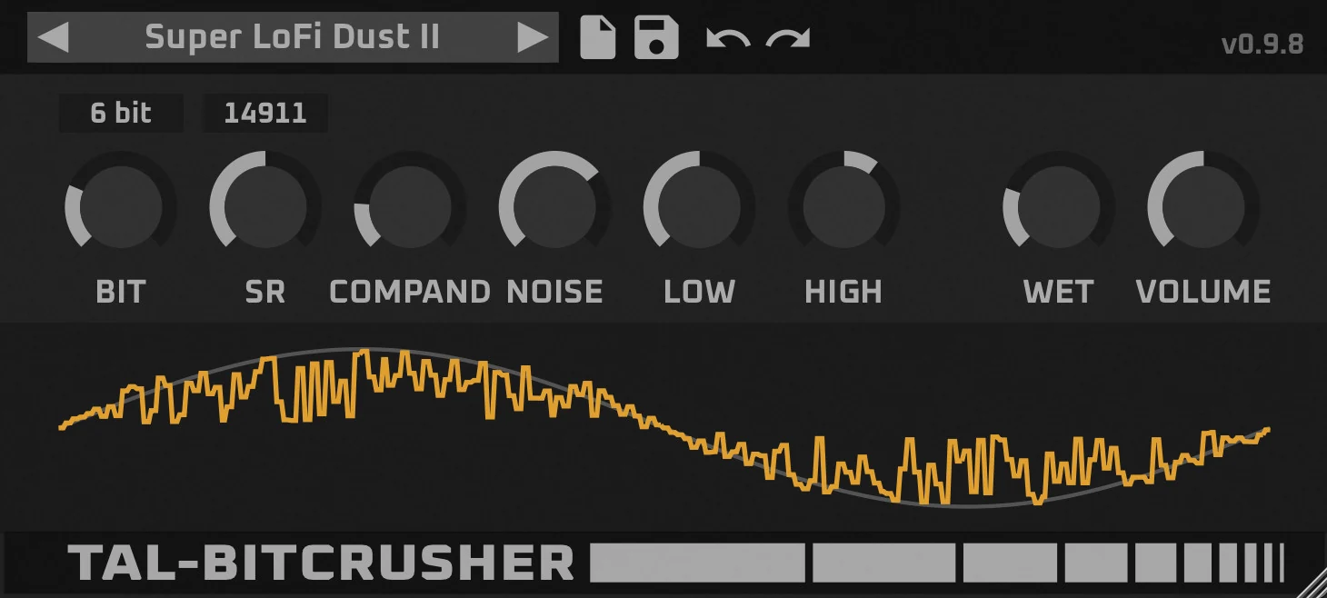 TAL-Bitcrusher window, version 0.9.8, preset Super LoFi Dust II: displays reading 6 bit and 14911 above knobs labelled Bit, SR, Compand, Noise, Low, High, Wet and Volume, with an orange crushed waveform jittering around a grey sine below.