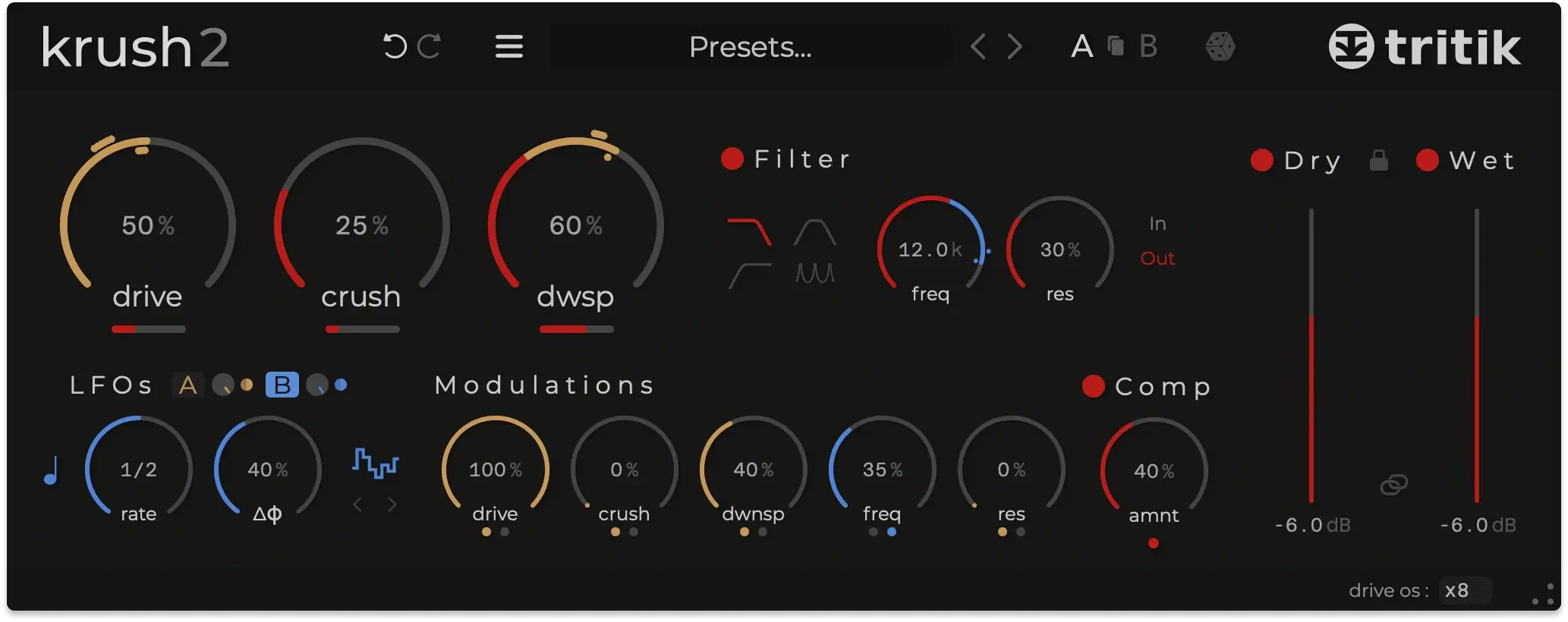 Krush 2 window: large drive, crush and downsample knobs on the left, a filter section with type icons, frequency and resonance, separate dry and wet faders on the right, and a lower row with two LFOs, modulation depth knobs for drive, crush, downsample, frequency and resonance, and a compressor amount knob.