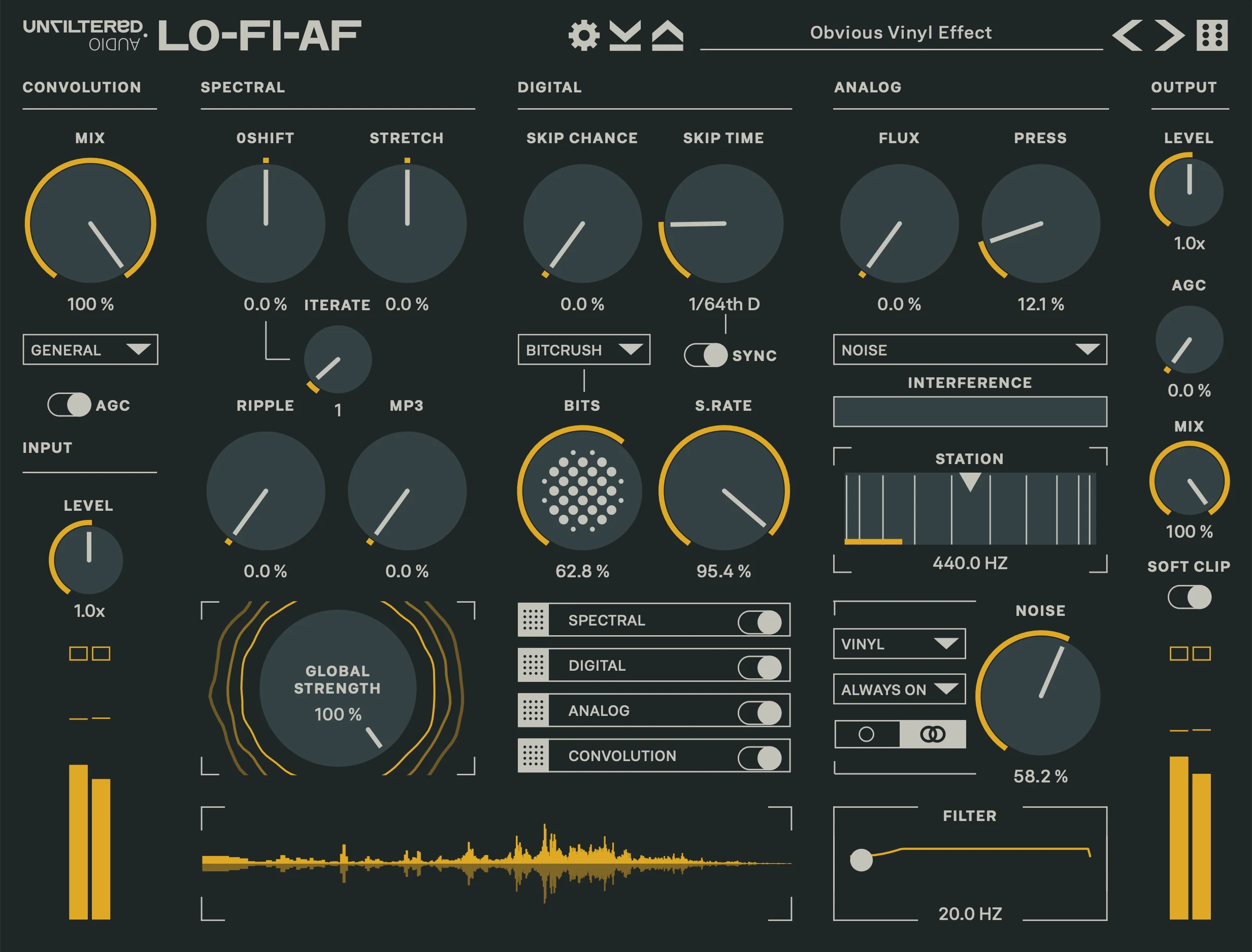 Lo-Fi-AF interface in dark grey and yellow, preset Obvious Vinyl Effect: columns labelled Convolution, Spectral, Digital, Analog and Output. The Digital column shows skip chance and skip time knobs, a Bitcrush mode menu, and Bits and S.Rate knobs, above toggles that reorder the Spectral, Digital, Analog and Convolution modules; the Analog column has a radio station dial, vinyl noise and a filter.