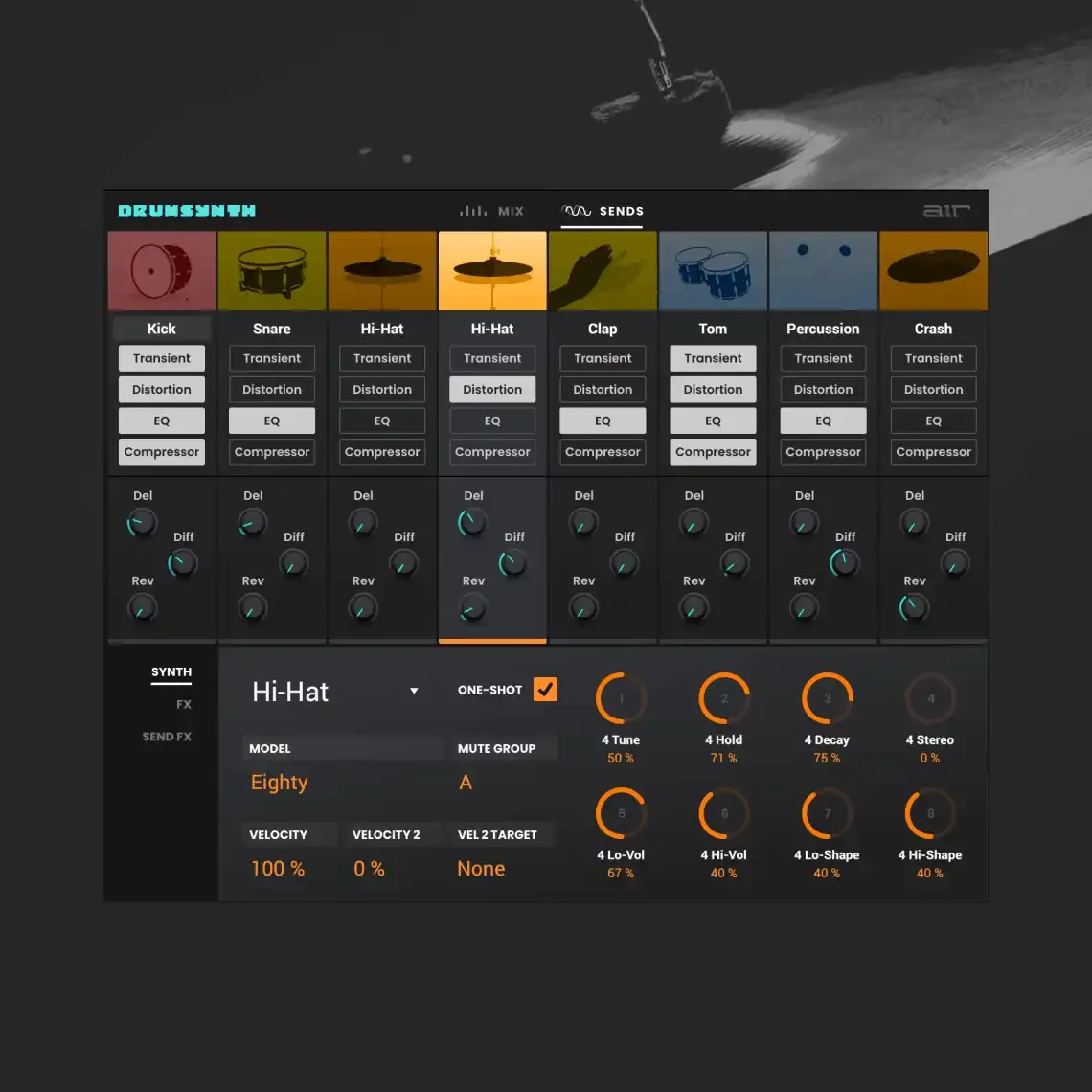AIR Drum Synth 500 interface: eight drum-category channels — kick, snare, hi-hat, clap, tom, percussion, crash — each with transient, distortion, EQ and compressor stages.