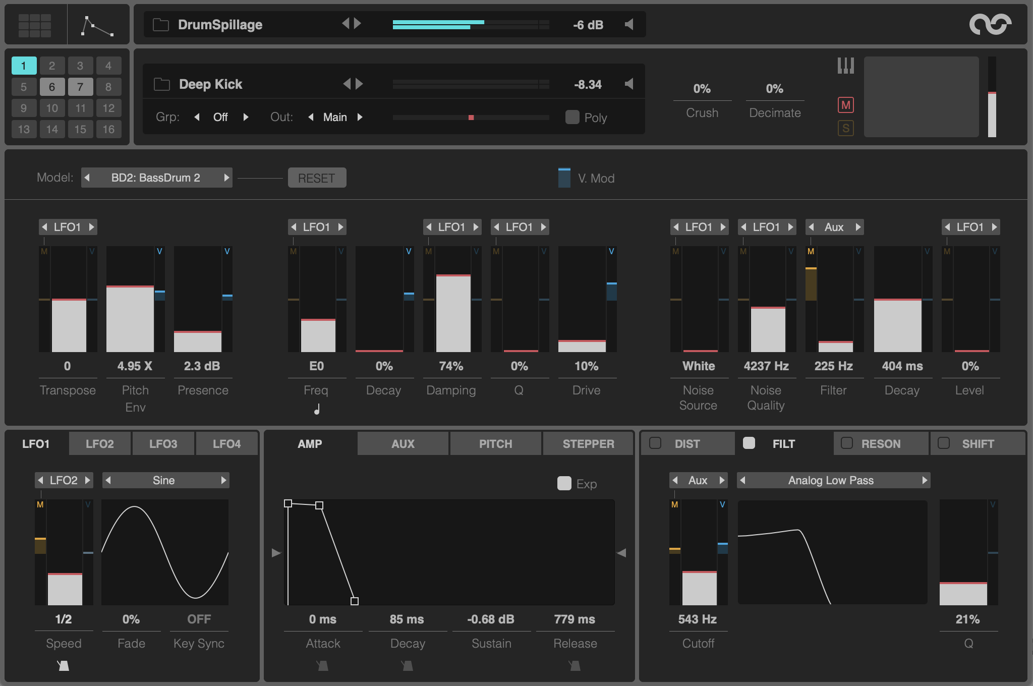 AudioSpillage DrumSpillage interface: a drum model selector above sliders for transpose, pitch envelope, noise source, filter and decay, with four LFO tabs below.