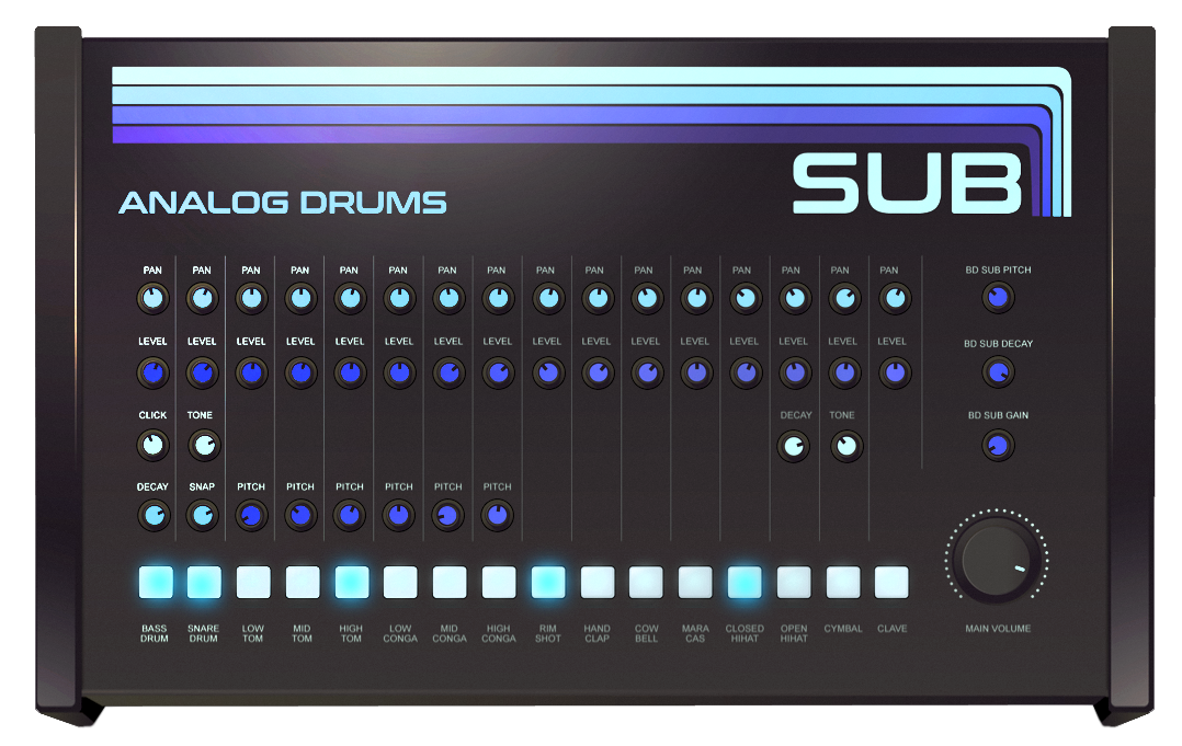 Sampleson SUB plugin window headed Analog Drums, with columns of level, tune and decay knobs and a row of glowing blue trigger buttons.