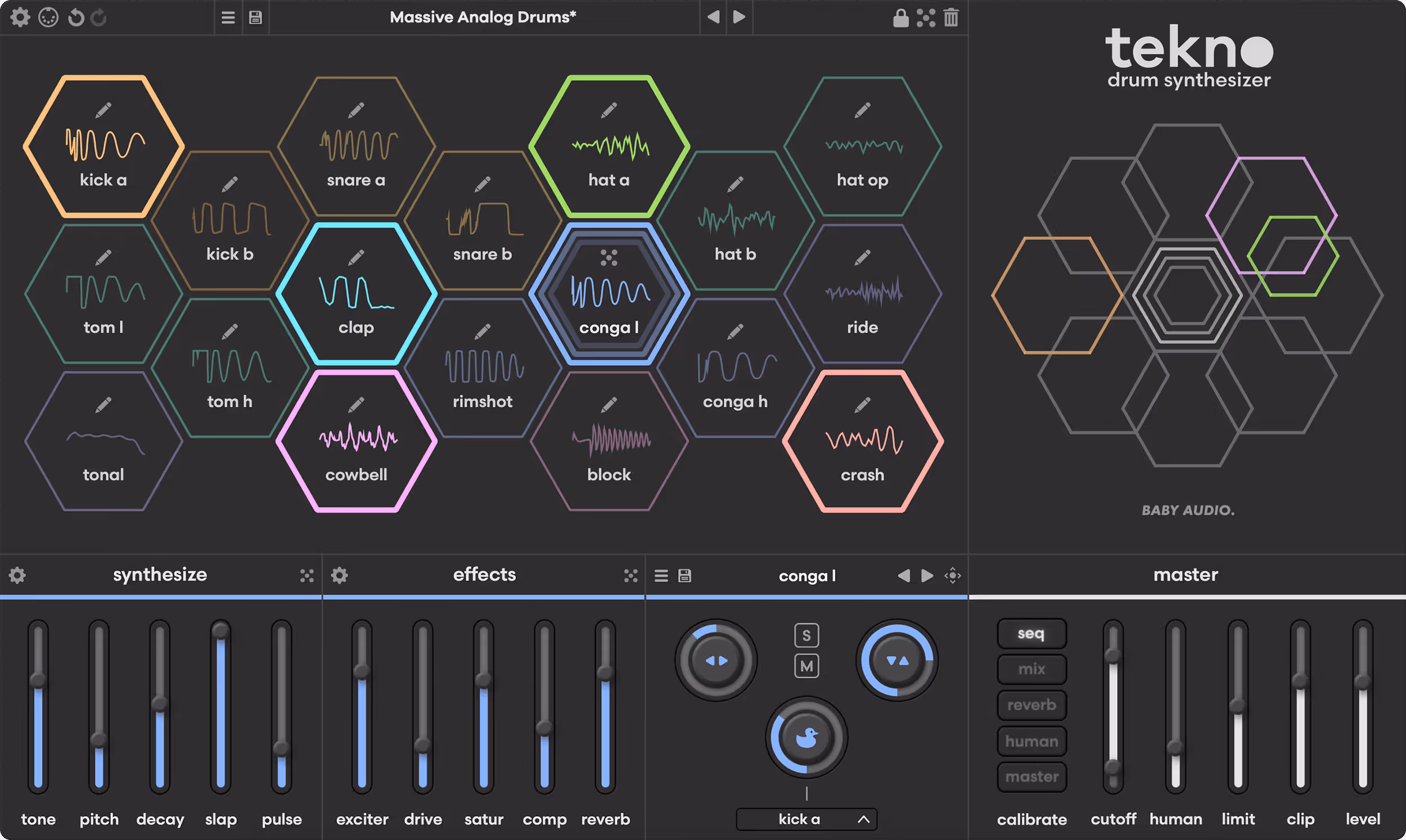 Baby Audio Tekno interface: a honeycomb of drum voices — kick, snare, hat, clap, tom, conga, cowbell, crash — over synthesize, effects and master sections.