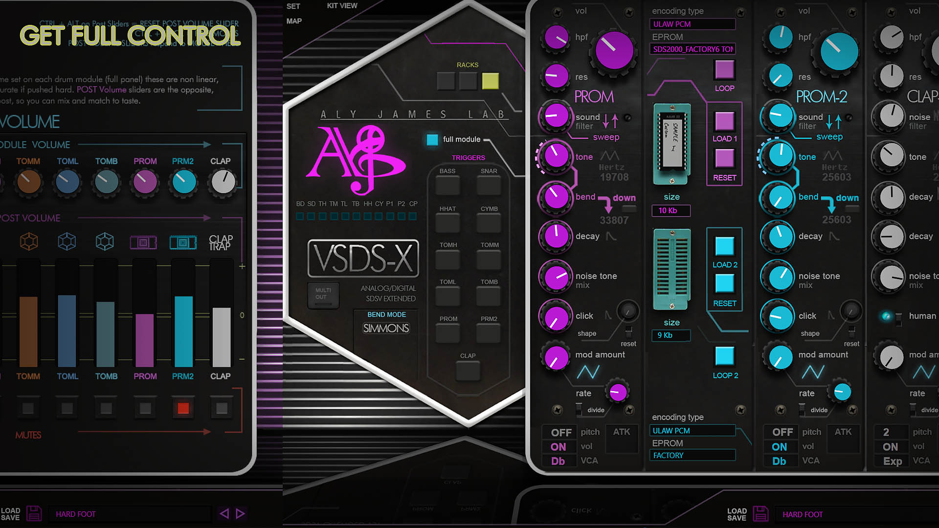 Aly James Lab VSDS-X interface: Simmons-style voice modules with tone, bend, decay, noise and click controls, plus an EPROM sample section.