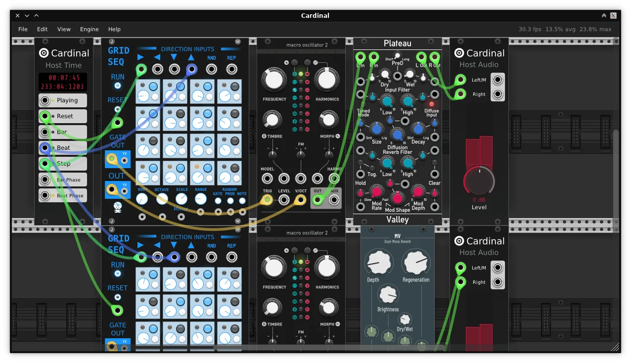 A Cardinal patch: a Host Time module on the left sends transport cables into two Grid Seq sequencers, which trigger two Macro Oscillator 2 modules routed through reverbs into Host Audio outputs.