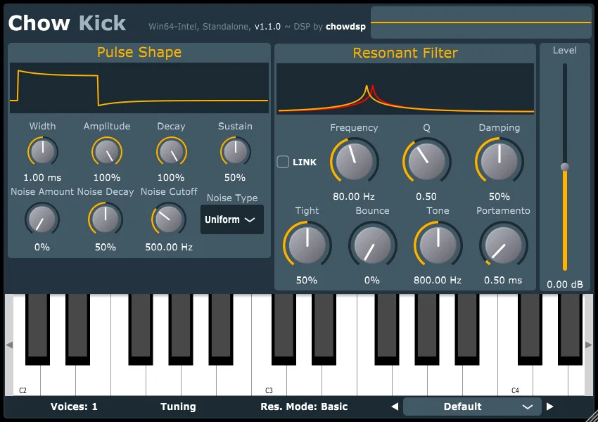 ChowKick interface: a Pulse Shape section with width, amplitude, decay, sustain and noise controls on the left, a Resonant Filter section with frequency, Q, damping, tight, bounce and tone on the right, and a keyboard below.