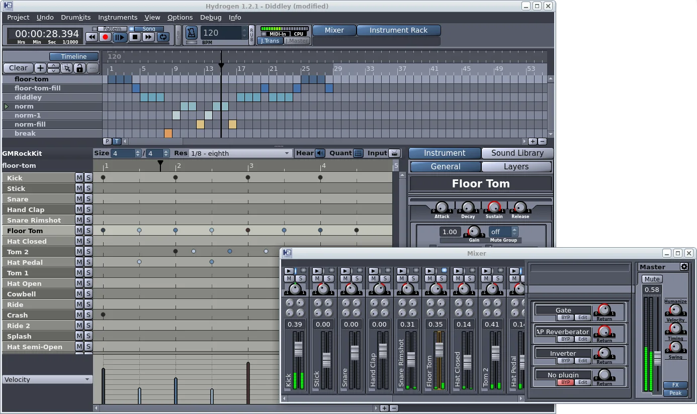 Hydrogen main window: a song timeline of named patterns at the top, a pattern editor grid below with rows for kick, stick, snare, toms, hats and cymbals, and a floating mixer with per-instrument faders.