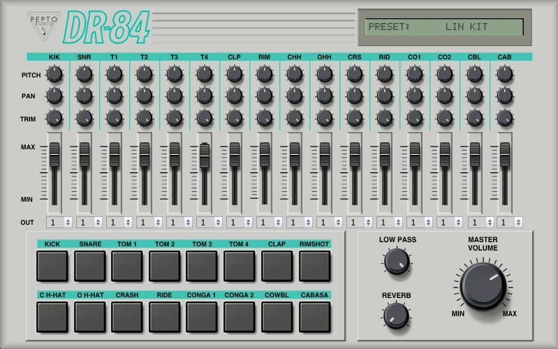 Pepto Audio DR-84: sixteen channel strips with pitch, pan and trim knobs and a fader each, output selectors below, sixteen trigger pads, and low-pass, reverb and master volume controls.
