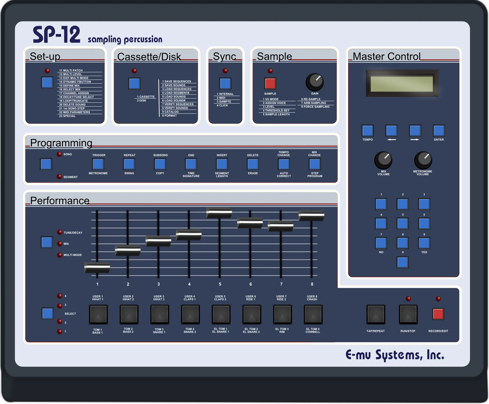 Vector illustration of the E-mu SP-12 front panel in blue and grey, with the same module layout the SP-1200 kept and preset drum names such as Tom 1, Snare 1, Claps and Cowbell printed under the eight pads.