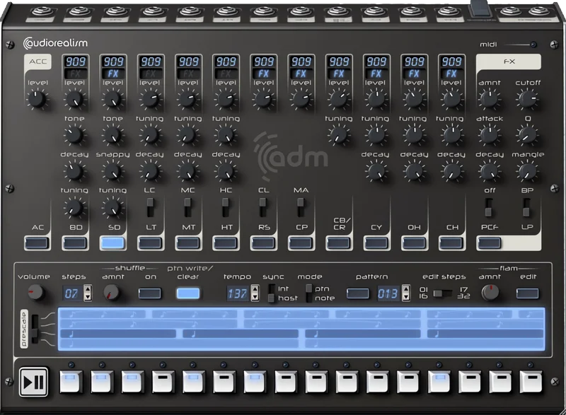 AudioRealism ADM plugin window: a dark drum machine panel with per-voice 808, 909 and 606 selectors, tuning and decay knobs and a step sequencer.