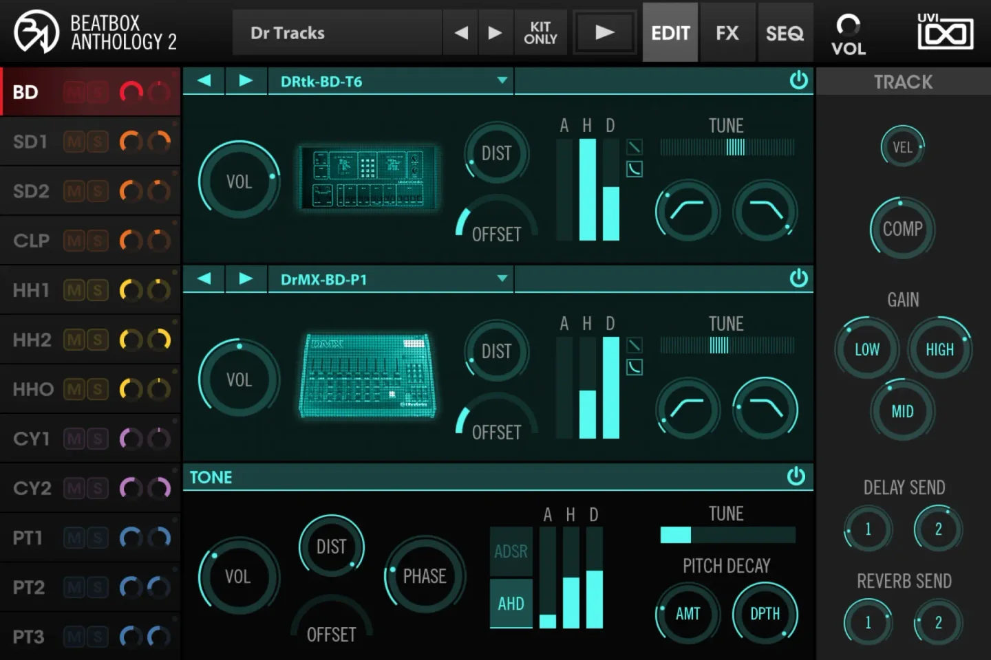 UVI BeatBox Anthology 2 editor: a track list of drum voices down the left and tune, AHD envelope and drive controls for each layer.