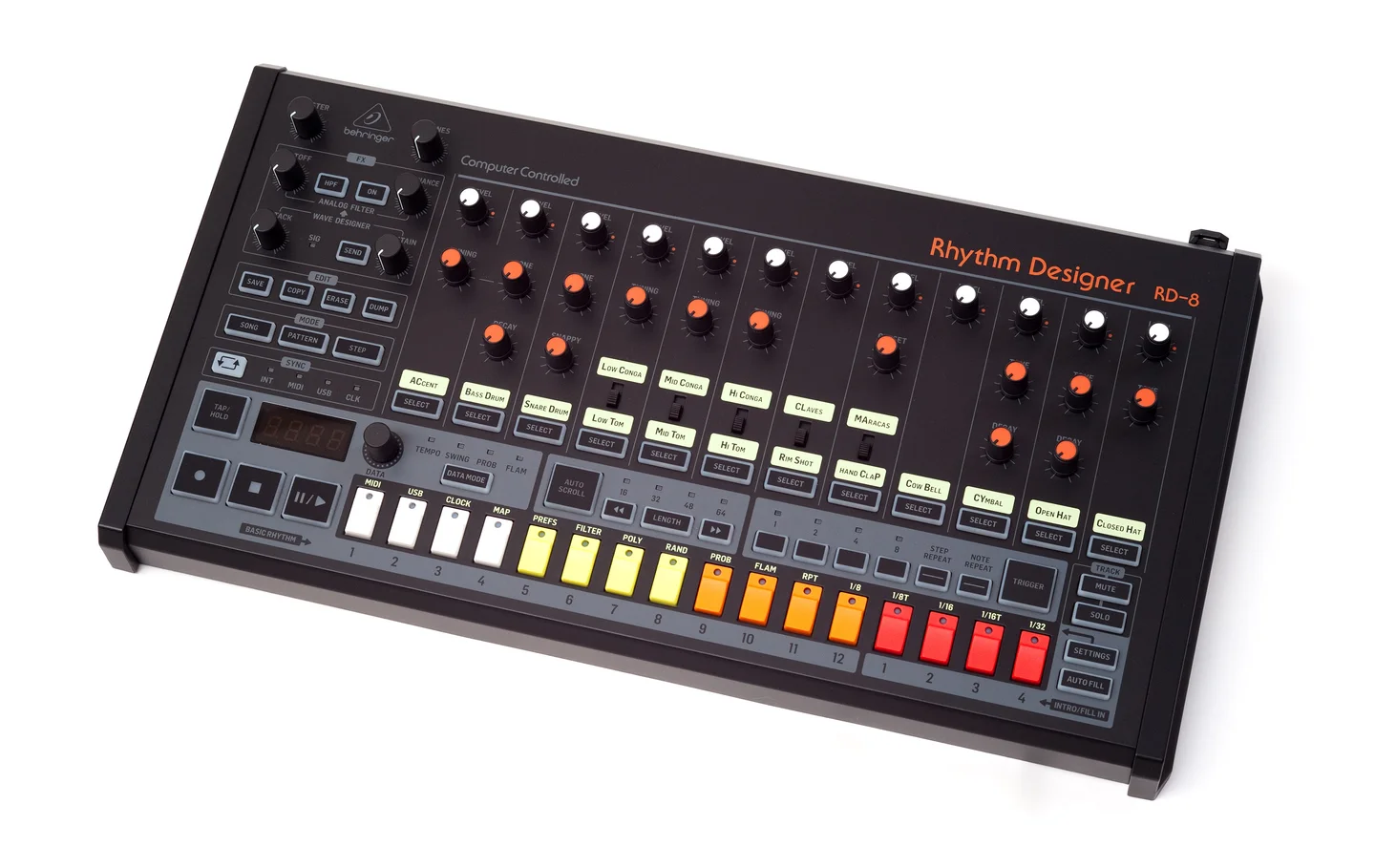 Behringer RD-8 Rhythm Designer: a TR-808-style layout with per-voice knobs and a row of red, orange, yellow and white step keys.