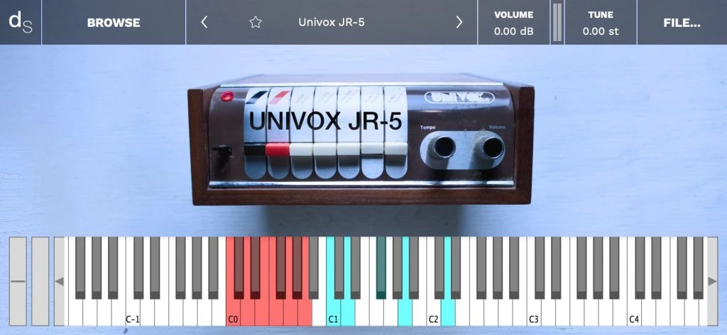 Decent Sampler playing the free Univox JR-5 drum machine library, with the machine’s panel image and per-sound level controls.