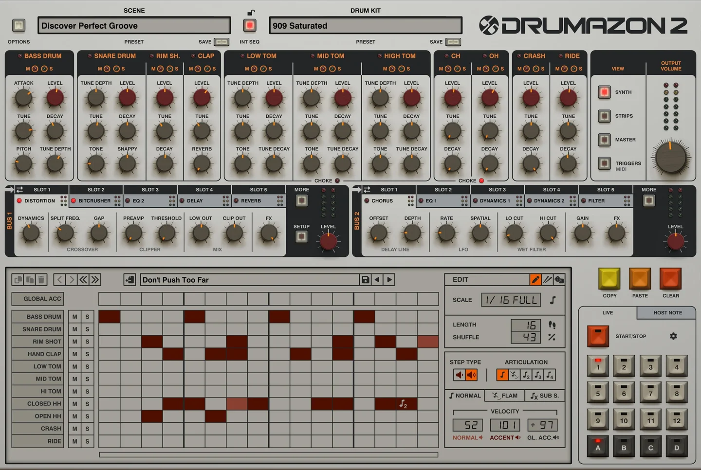 D16 Drumazon 2 plugin: a knob row for all eleven 909 voices, two effect buses, and a step-sequencer grid with a 909-style house pattern programmed across its lanes.