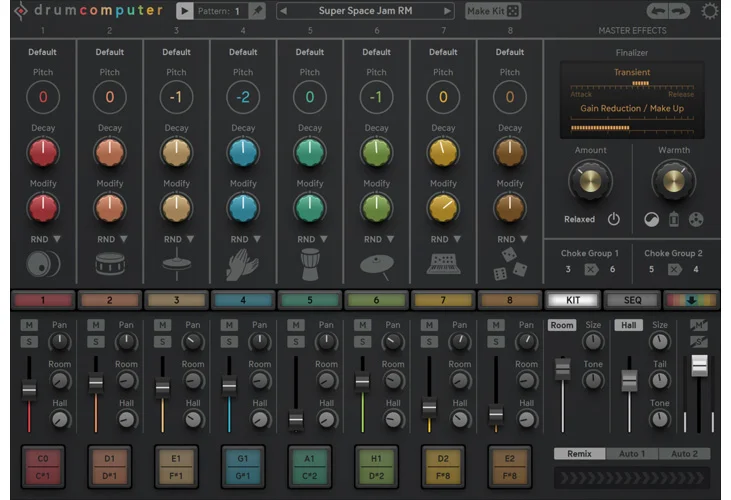 Sugar Bytes DrumComputer plugin window: eight colour-coded drum voices with pitch, decay and modify knobs above a mixer and pattern section.
