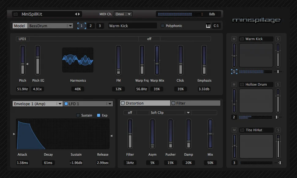AudioSpillage MiniSpillage plugin window with model selector, oscillator and envelope sliders, and a list of kick and drum presets.