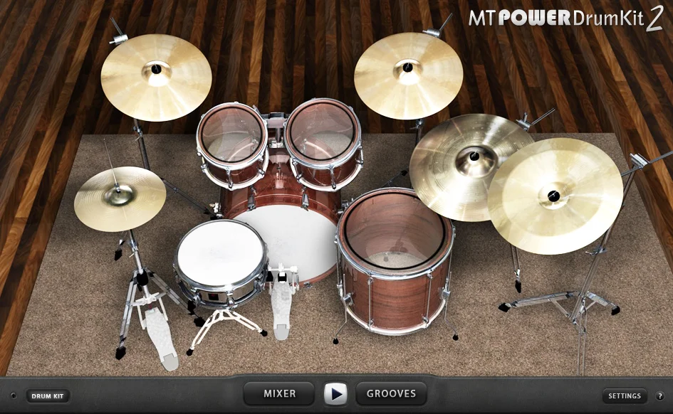 MT Power Drum Kit 2: a rendered acoustic drum kit with kick, snare, toms and cymbals, with mixer and grooves tabs below.