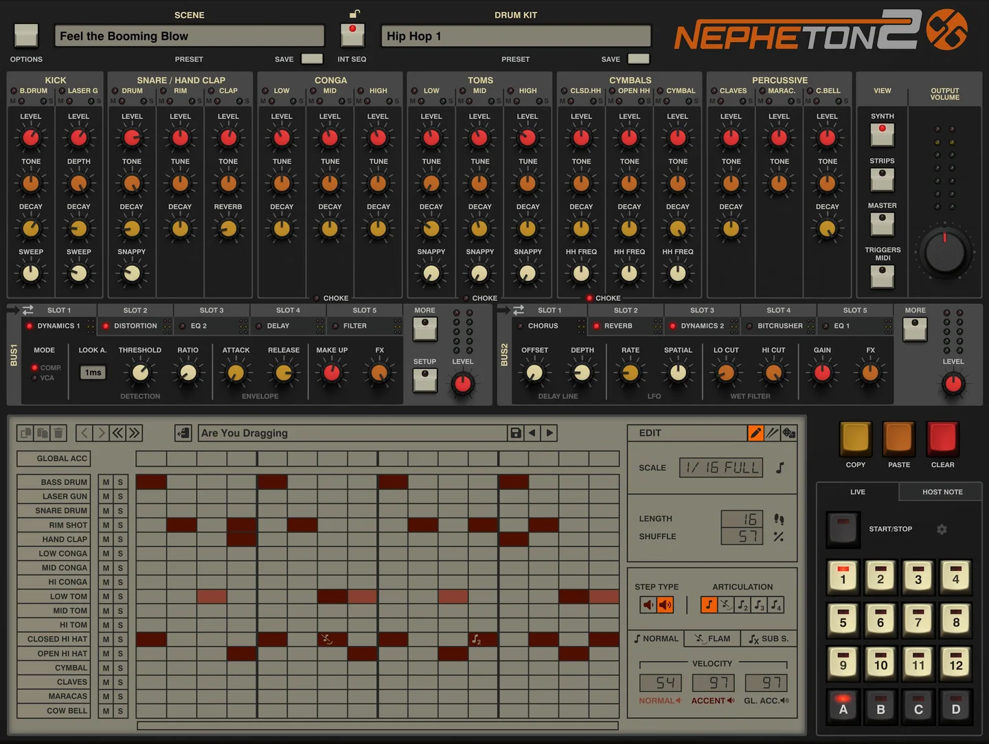 D16 Nepheton 2 plugin window: a black TR-808-style panel with per-voice level, tone and decay knobs above a red step-sequencer grid.