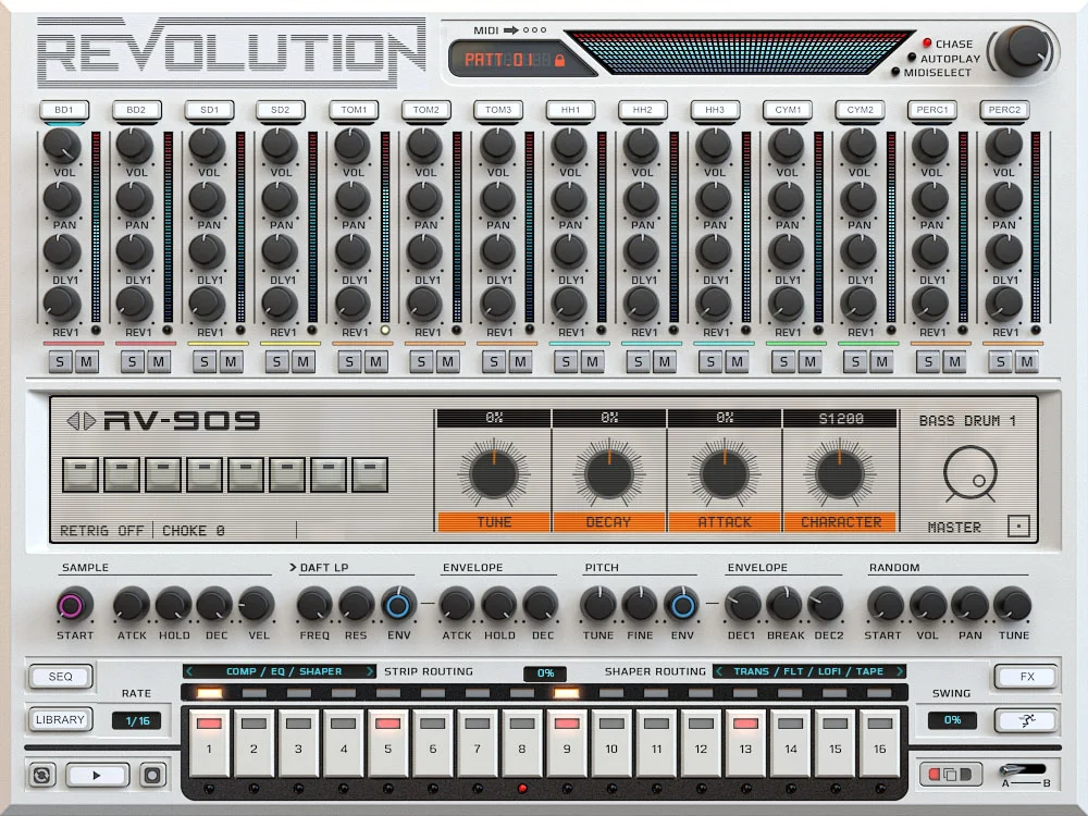 Wave Alchemy Revolution in Kontakt, showing its 909 module with per-voice tuning, level and filter controls above a pattern sequencer.