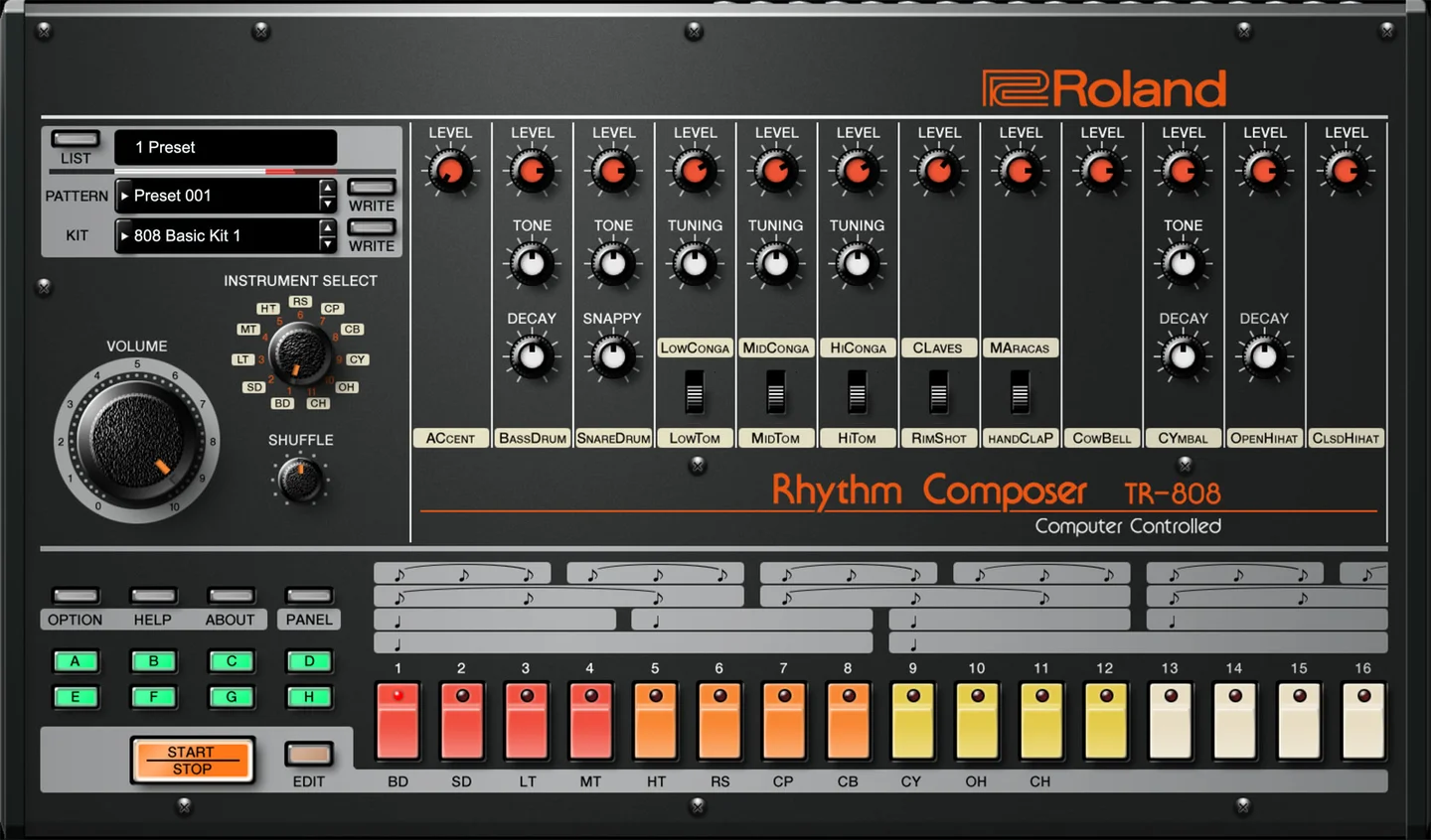 Roland Cloud TR-808 plugin: a recreation of the 808 front panel with level, tone, tuning and decay knobs and the coloured sixteen-step buttons.