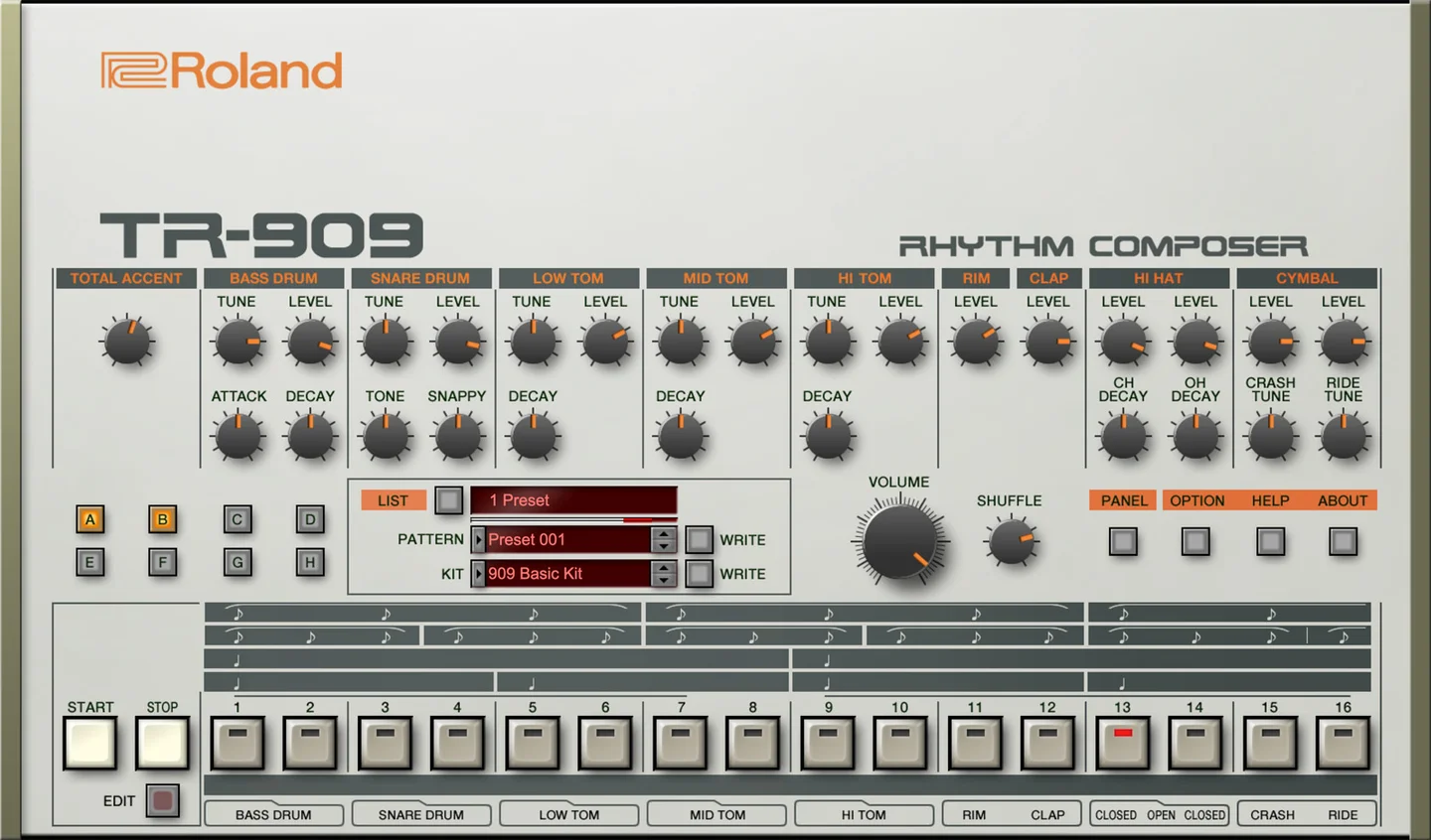 The Roland Cloud TR-909 plugin window, drawn as the original front panel with its voice knobs, plus added pattern and kit browsers, A to H variation buttons and a Shuffle knob.
