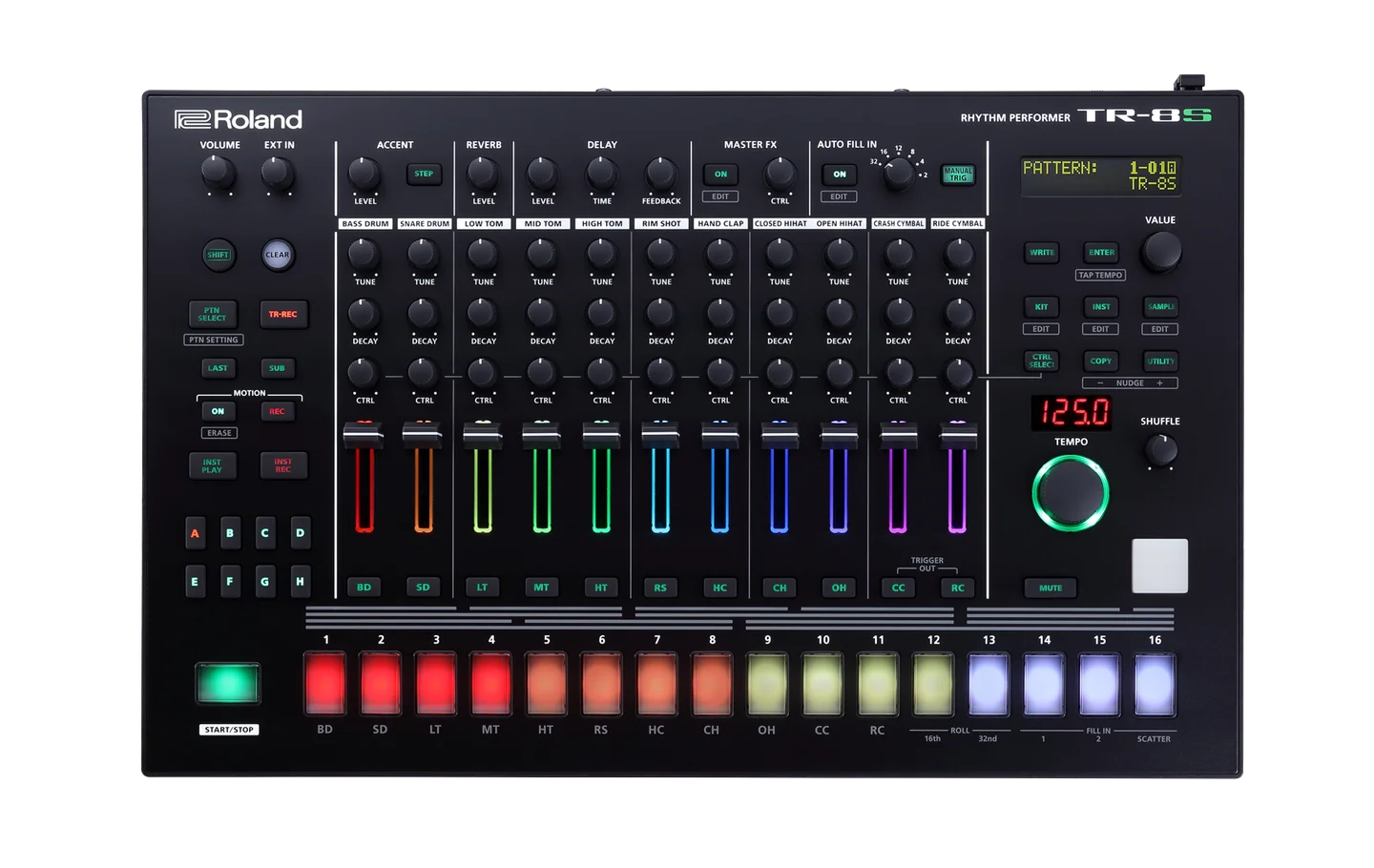 Top view of the Roland TR-8S: eleven instrument columns from bass drum to ride cymbal, each with Tune, Decay and Ctrl knobs over a lit fader, and sixteen coloured step pads along the front.