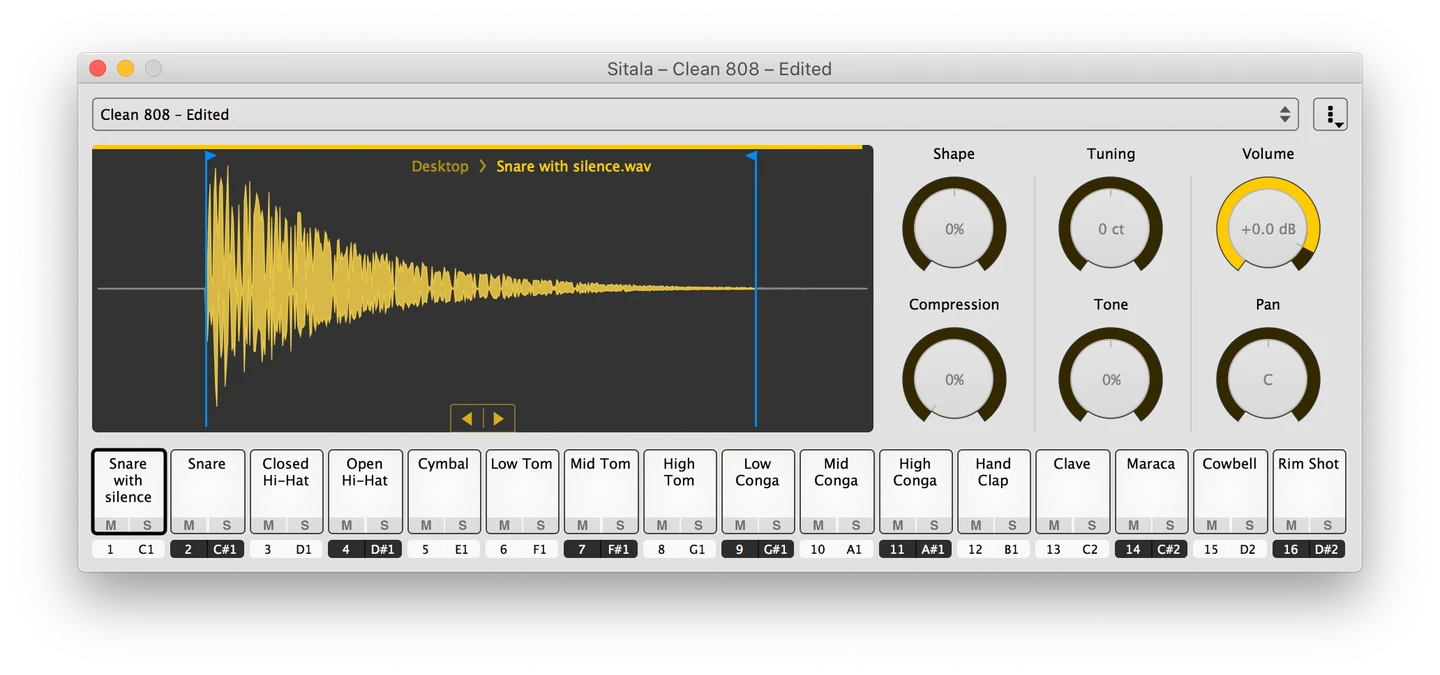 Decomposer Sitala 1.0: a grid of sixteen drum pads, each with its own shape, tone and compression controls.