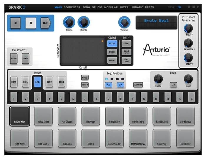Arturia Spark 2 plugin window with sixteen step buttons, a row of drum pads, an XY performance pad and tempo, shuffle and volume knobs.