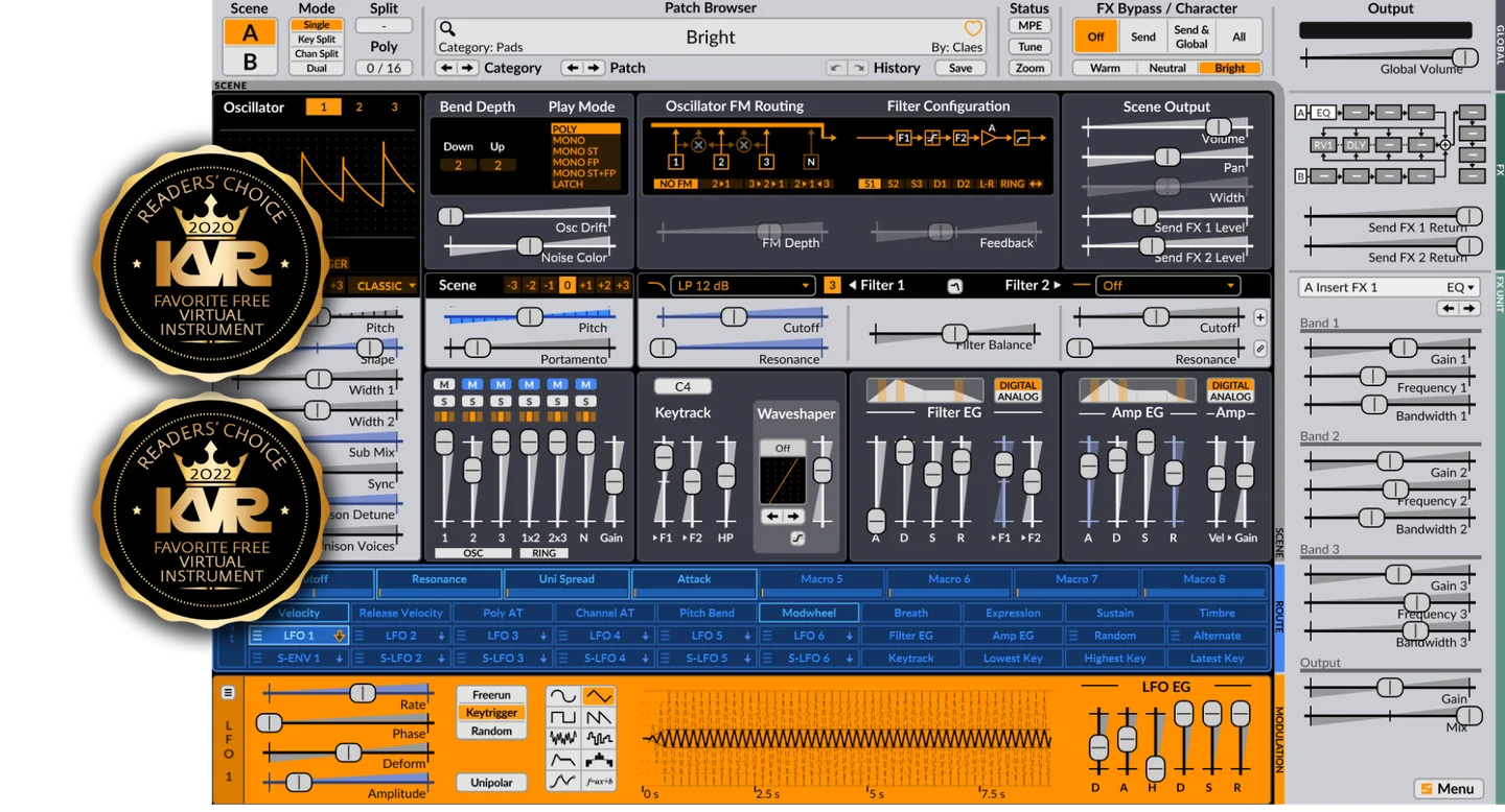 Surge XT synthesizer window with its oscillator, filter and envelope sections and a row of modulation sliders along the bottom.