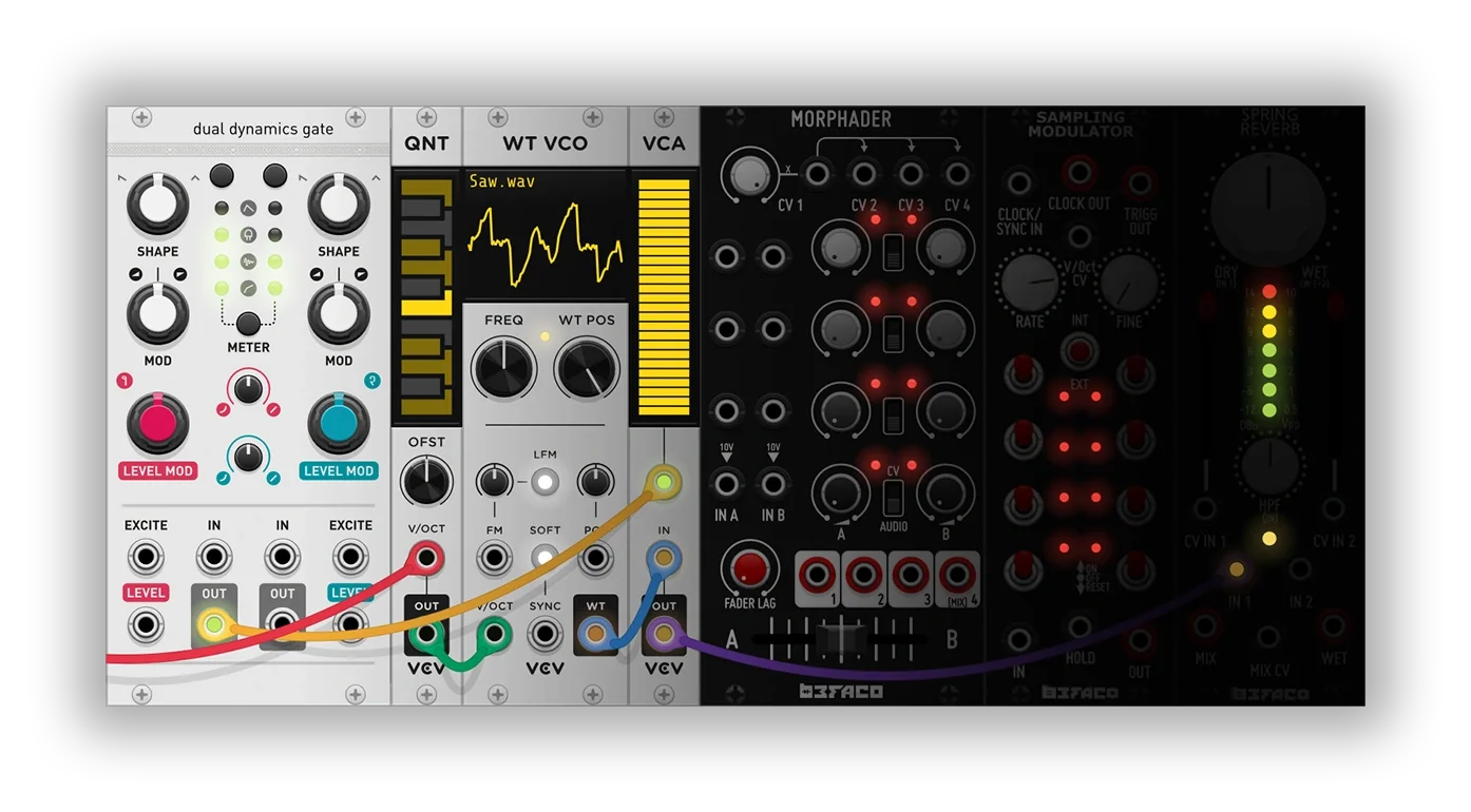 VCV Rack 2 example patch: virtual Eurorack modules such as oscillators, a sequencer and a mixer wired together with coloured patch cables.