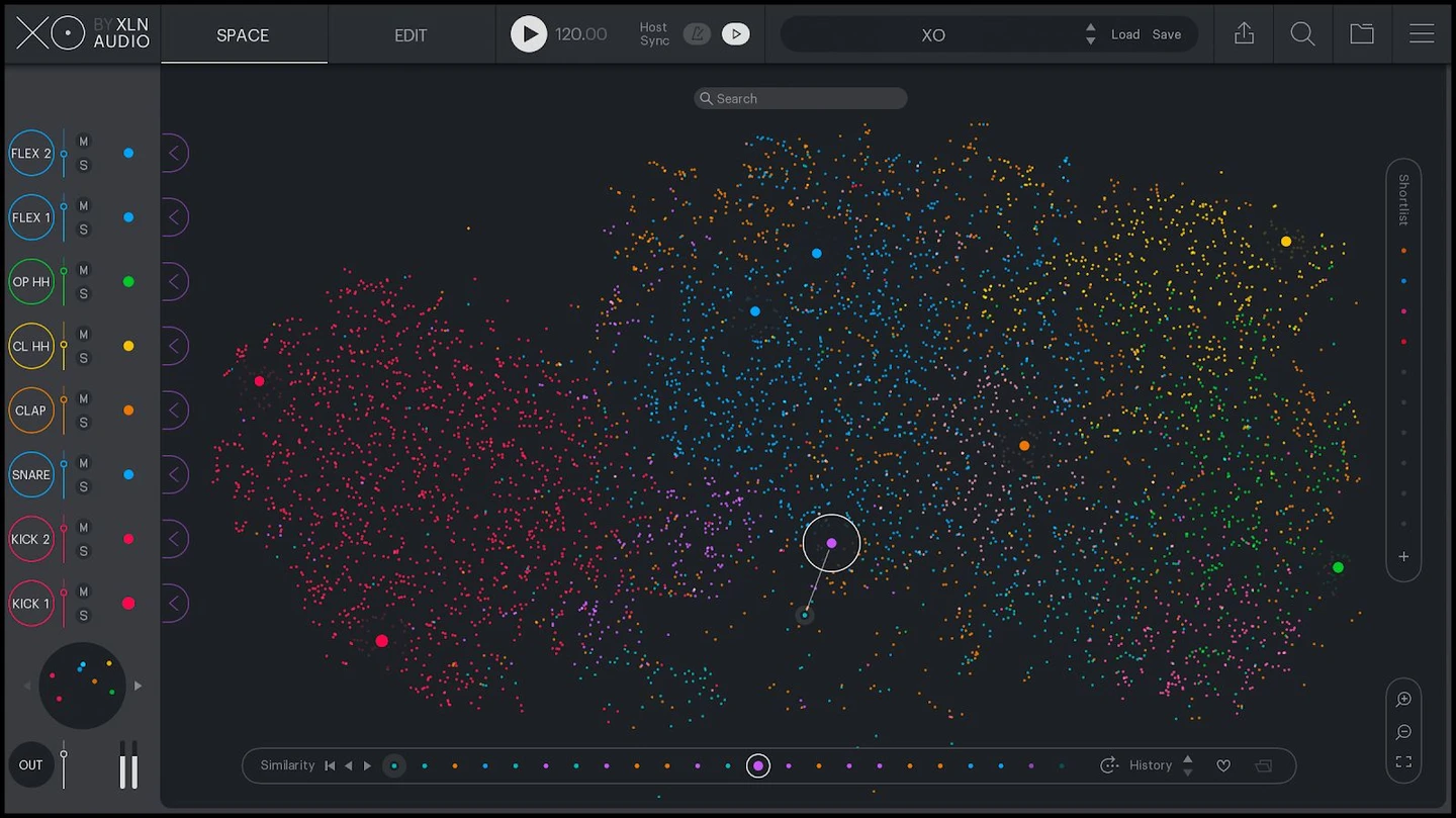 XLN Audio XO in Space view: thousands of drum samples plotted as coloured dots on a dark map, grouped by how similar they sound.