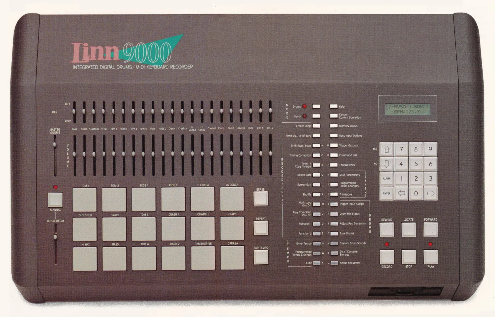 Top view of a Linn 9000: eighteen square rubber drum pads in a three-by-six grid, a row of pan and volume sliders above them, a two-column bank of function buttons, a numeric keypad and a small LCD.