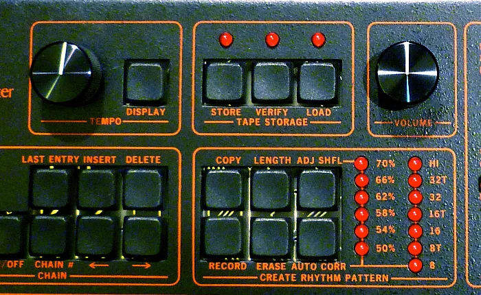 Close-up of the LM-1 pattern section. Beside the Adjust Shuffle and Auto Correct buttons, two columns of red LEDs are labelled 50%, 54%, 58%, 62%, 66% and 70% for swing, and 8, 8T, 16, 16T, 32, 32T and HI for quantize.