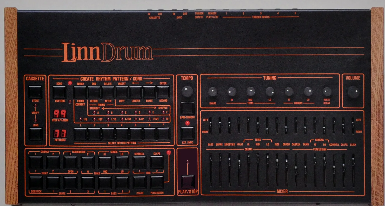 LinnDrum front panel from the 1982 brochure: pattern and song buttons with the Timing row marked Straight A to F Shuffle, a Tuning section with knobs for snare, three toms, two congas and hi-hat decay, and a mixer of pan and level sliders for fifteen sounds.