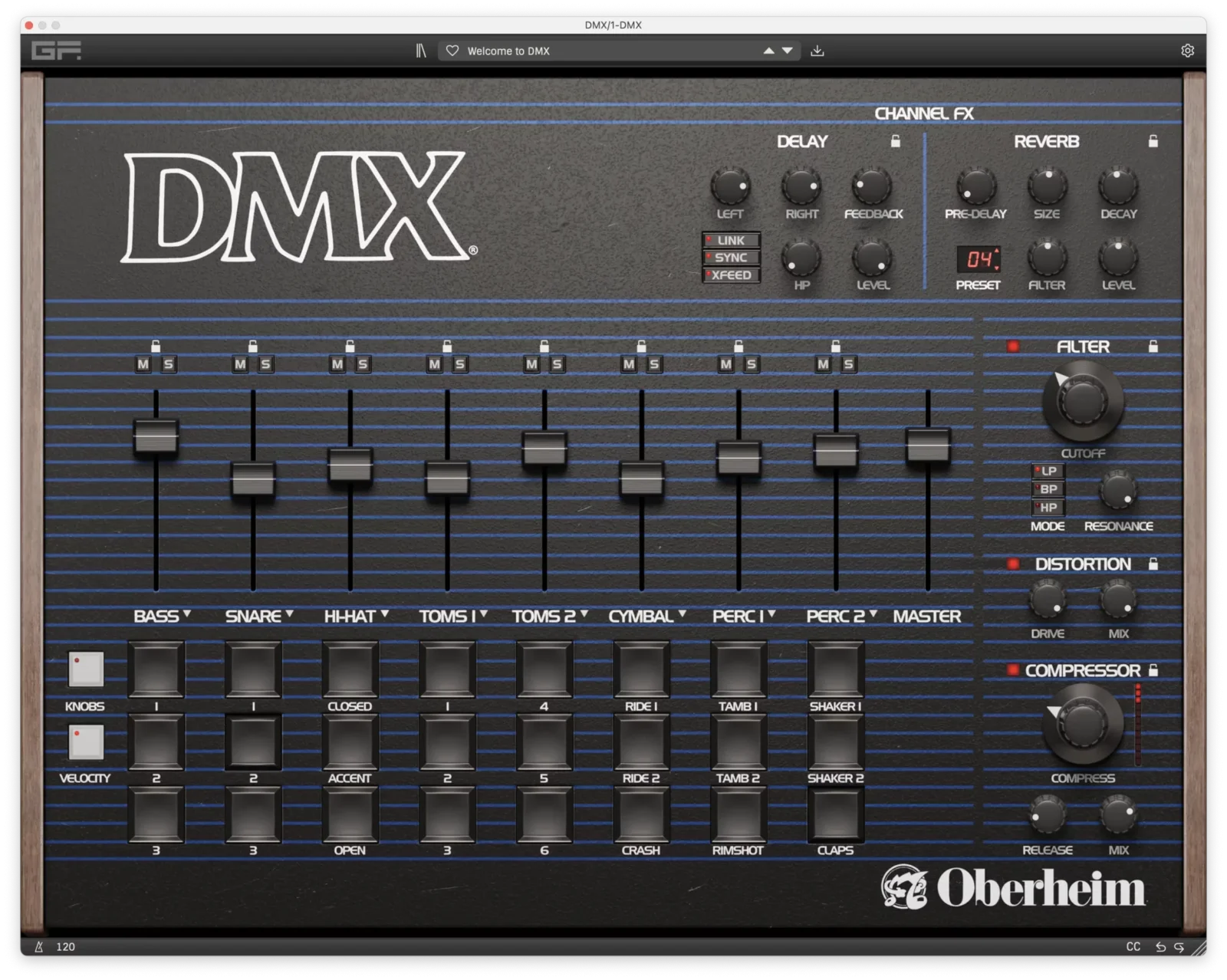 GForce Oberheim DMX plugin window reproducing the hardware panel: eight channel faders with mute and solo, the original three-button sound columns, plus added delay, reverb, filter, distortion and compressor sections on the right.