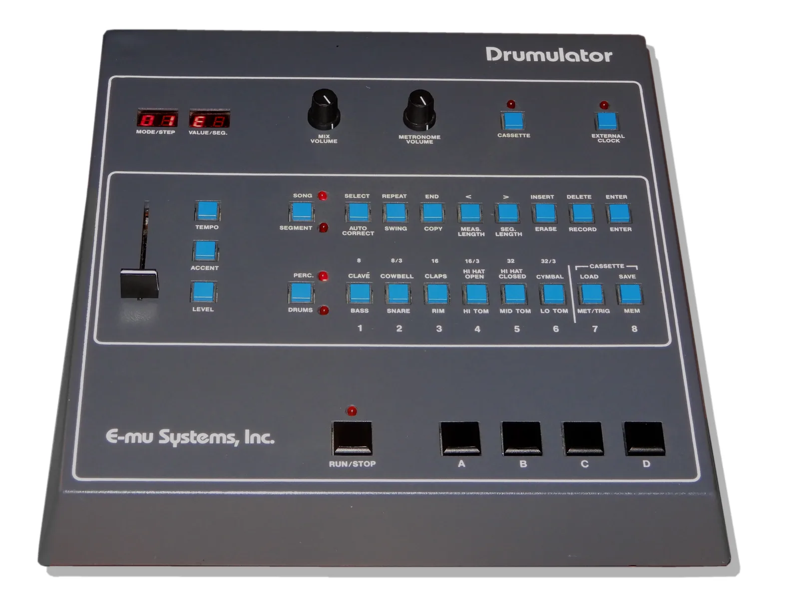 The grey front panel of an E-mu Drumulator: a two-digit LED display, mix and metronome volume knobs, a fader, and blue buttons that double as the twelve sound selectors, from bass and snare to hi-hats and cymbal, above four black A to D pads.